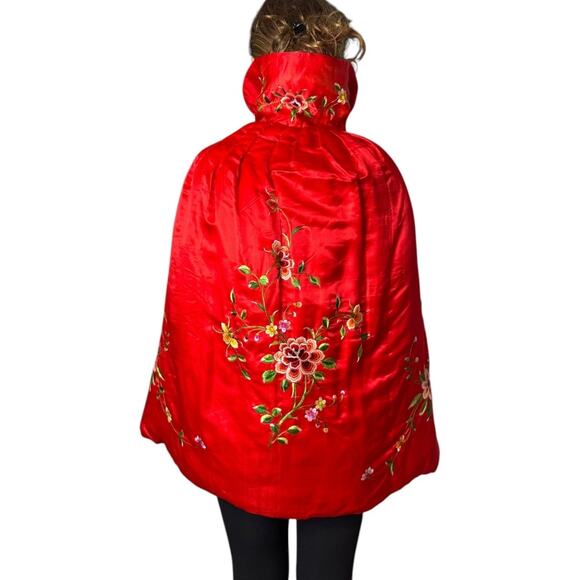 Vintage Red Silk Puff Cape with floral Embroidery in green, pink and white - Picture 1 of 17